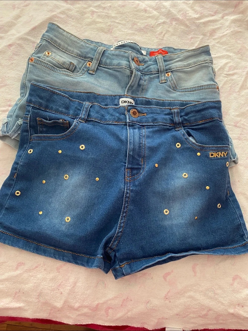DKNY Girls' Dark and Light Blue Denim Shorts with Gold Studs